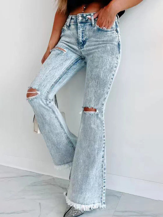 Women's Ripped Flares Washed Jeans